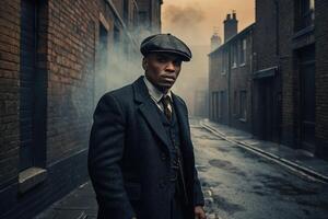 gangster in a hat and coat standing in an alley photo