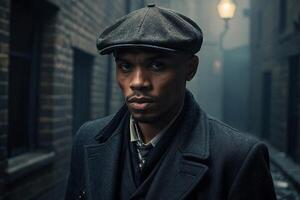 gangster in a hat and coat standing in an alley photo