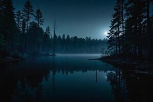 a moon rises over a lake at night photo