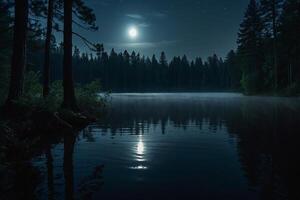 a moon rises over a lake at night photo