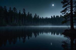 a moon rises over a lake at night photo