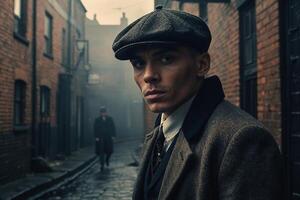 gangster in a hat and coat standing in an alley photo