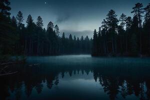 a full moon rises over a lake at night photo