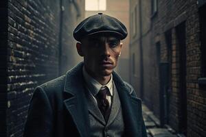 gangster in a hat and coat standing in an alley photo