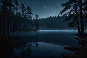 a full moon rises over a lake at night photo