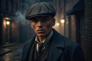 gangster in a hat and coat standing in an alley photo