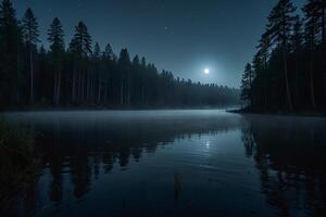 un lleno Luna sube terminado un lago a noche foto