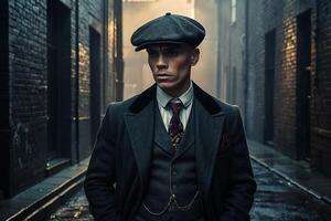 gangster in a hat and coat standing in an alley photo