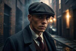 gangster in a hat and coat standing in an alley photo