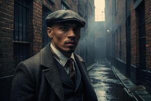 gangster in a hat and coat standing in an alley photo