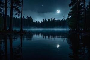 a full moon rises over a lake at night photo