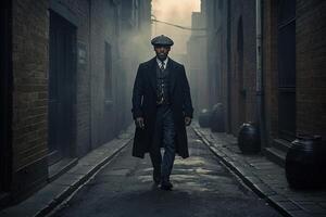 a man in a top hat and coat walking down an alley photo