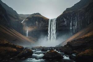 a waterfall is flowing into the water photo