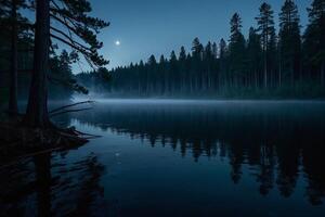 a full moon rises over a lake at night photo