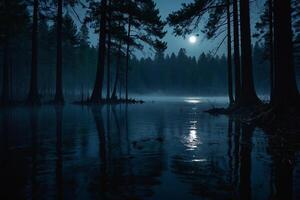 a full moon rises over a lake at night photo