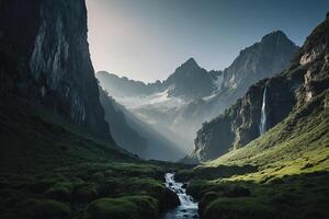 a river flows through a valley surrounded by mountains photo