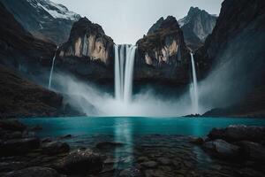 a waterfall is flowing into the water photo