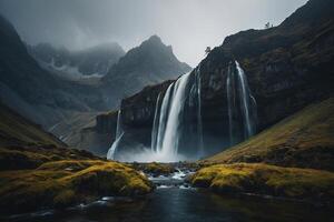 a waterfall is flowing into the water photo