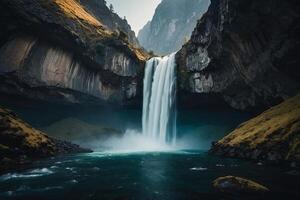 a waterfall is flowing into the water photo