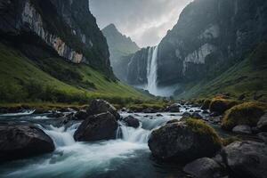 a waterfall is flowing into the water photo