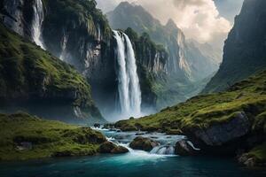 a waterfall is flowing into the water photo