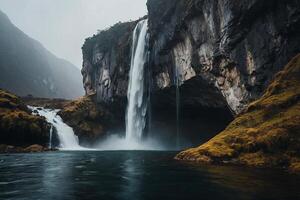 a waterfall in the middle of a green valley photo