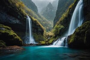 a waterfall in the middle of a green valley photo