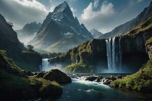 a waterfall in the middle of a green valley photo