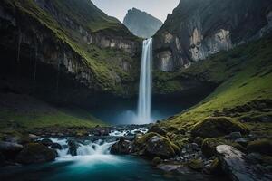 a waterfall in the middle of a green valley photo