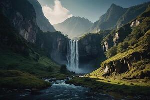 a waterfall in the middle of a green valley photo