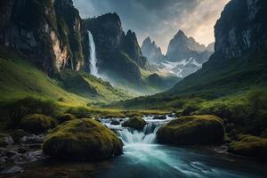 a waterfall in the middle of a green valley photo