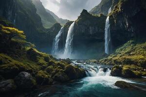 a waterfall in the middle of a green valley photo