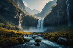 a waterfall in the middle of a green valley photo