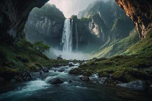 a waterfall in the middle of a green valley photo