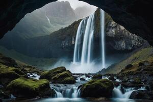 a waterfall in the middle of a green valley photo