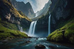 a waterfall in the middle of a green valley photo