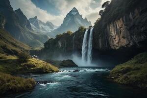 a waterfall in the middle of a green valley photo