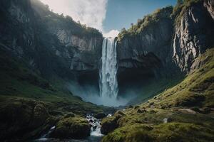 a waterfall in the middle of a green valley photo