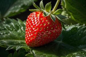 a strawberry is sitting on a green leaf photo