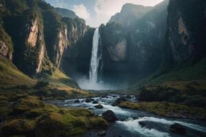 a waterfall in the middle of a green valley photo