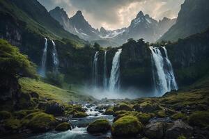 a waterfall in the middle of a green valley photo