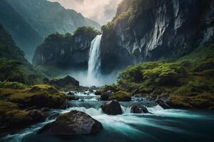 a waterfall in the middle of a green valley photo