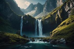 a waterfall in the middle of a green valley photo