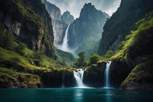 a waterfall in the middle of a green valley photo