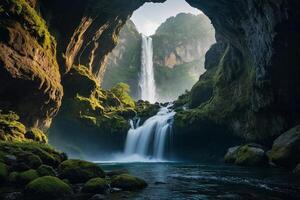 a waterfall in the middle of a green valley photo