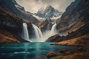 a waterfall in the middle of a green valley photo