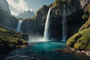 un cascada en el montañas con un azul cielo foto