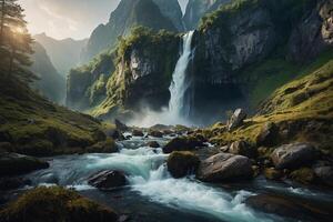 a waterfall in the middle of a green valley photo