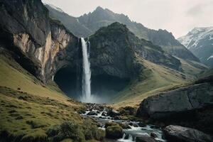 un cascada en el medio de un verde Valle foto