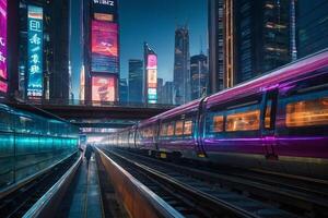 un tren es de viaje abajo un pista en un ciudad foto